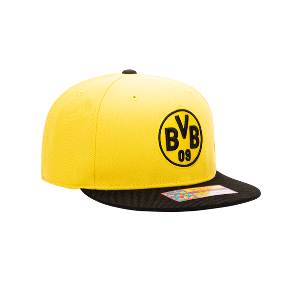 Side view of the Borussia Dortmund Team Snapback with high crown, flat peak, and snapback closure, in Yellow/Black