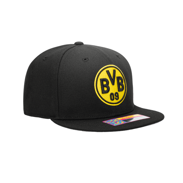 Side view of the Borussia Dortmund Dawn Snapback with high crown, flat peak, and snapback closure, in Black