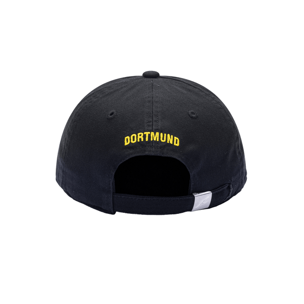 Back view of Borussia Dortmund Bambo Kids Classic hat with low unstructured crown, curved peak brim, and buckle closure, in black.