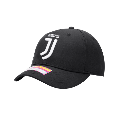 Side view of Juventus Snapback Hat with high crown, curved peak brim, adjustable back, in Black