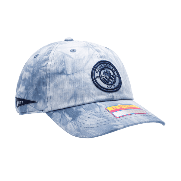 Manchester City Bloom Classic Adjustable in unstructured low crown, curved peak brim, and adjustable flip buckle closure, in Light Blue