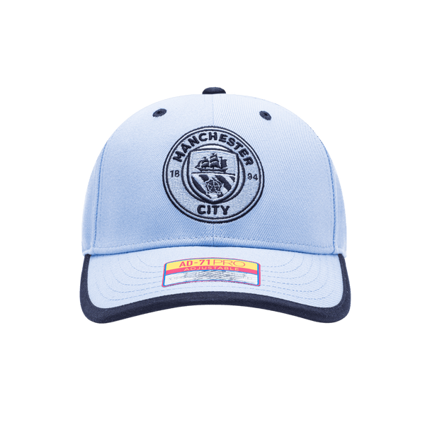 Manchester City Tape Adjustable with high crown, curved peak brim, and adjustable buckle strap closure, in Light Blue