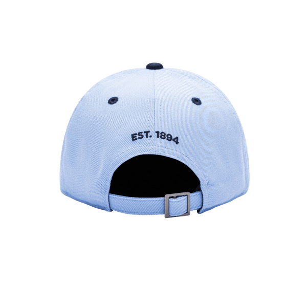 Manchester City Tape Adjustable with high crown, curved peak brim, and adjustable buckle strap closure, in Light Blue