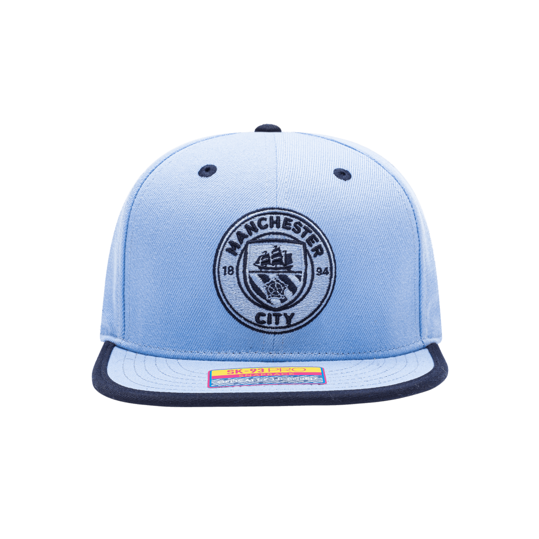 Manchester City Tape Snapback with high crown, flat peak brim, and snapback closure, in Light Blue