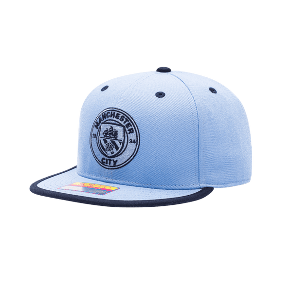 Manchester City Tape Snapback with high crown, flat peak brim, and snapback closure, in Light Blue