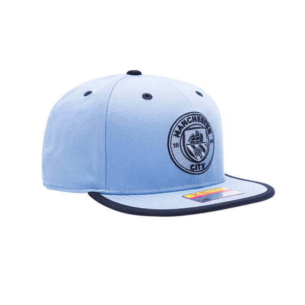 Manchester City Tape Snapback with high crown, flat peak brim, and snapback closure, in Light Blue