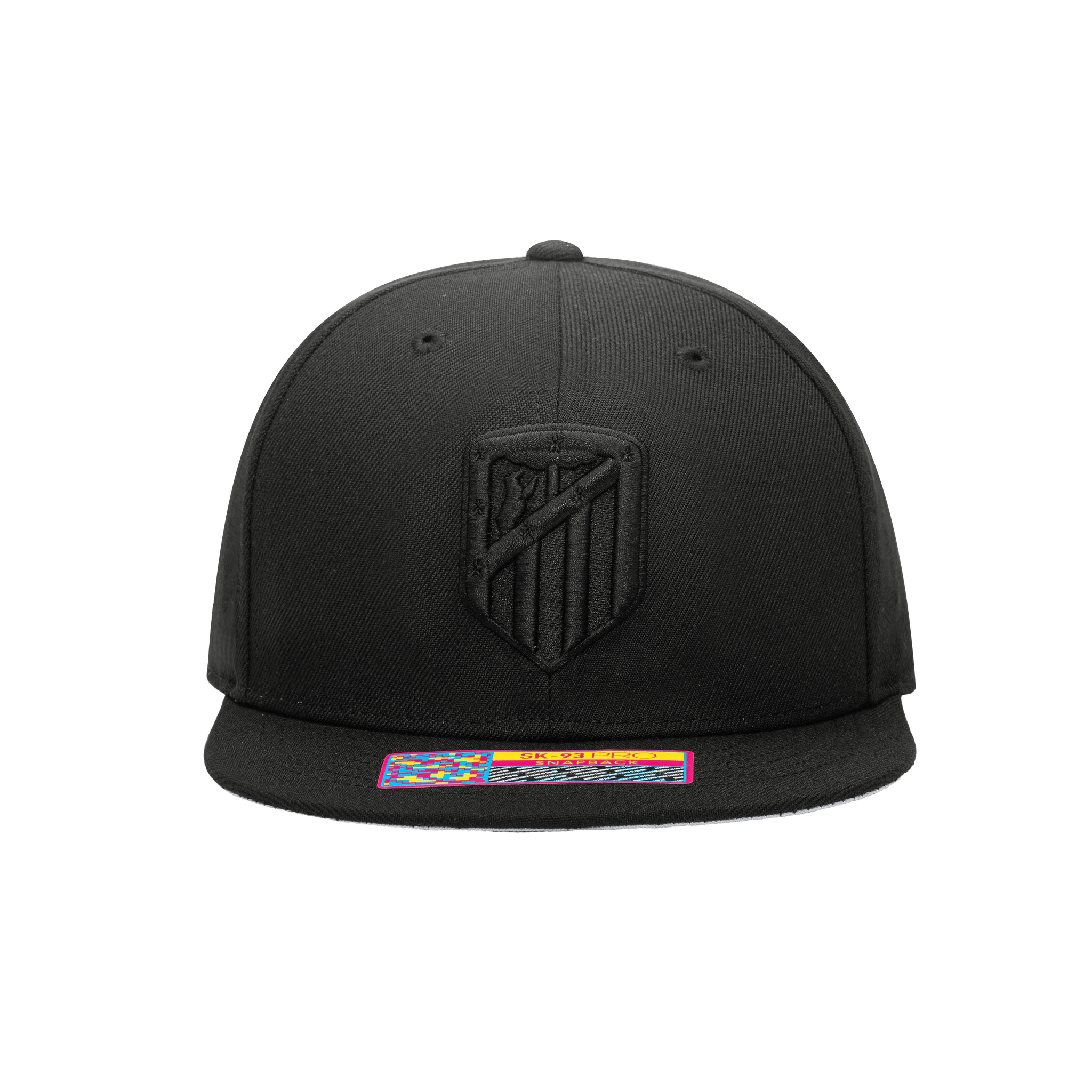 Front view of Atletico Madrid Dusk Snapback with high crown, flat peak, and snapback closure, in Black