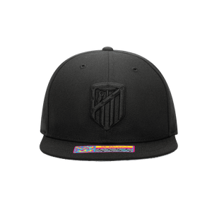 Front view of Atletico Madrid Dusk Snapback with high crown, flat peak, and snapback closure, in Black