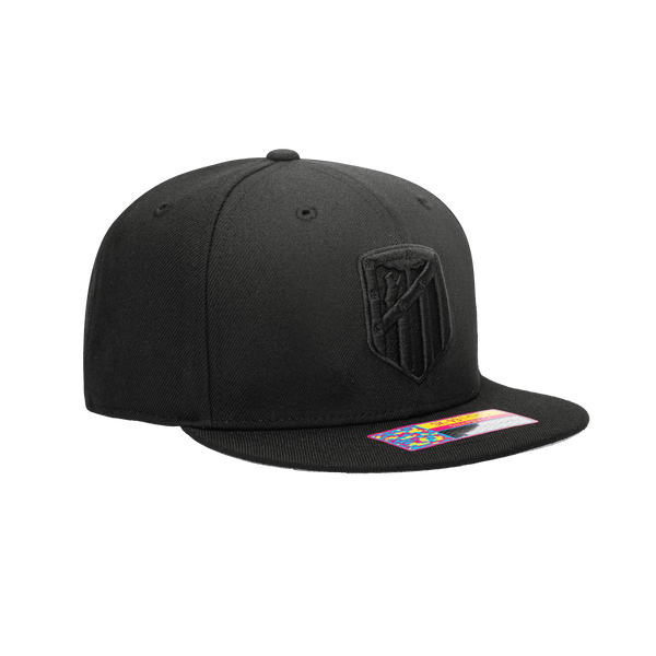 Side view of Atletico Madrid Dusk Snapback with high crown, flat peak, and snapback closure, in Black